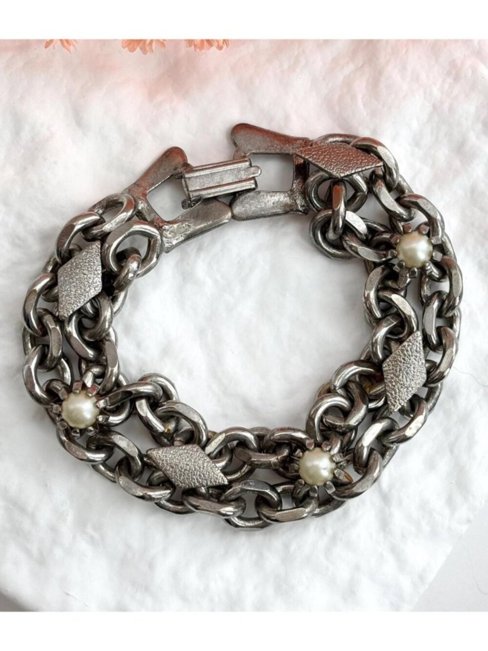 Chunky Multi Sectioned Chainlink Faux Pearl Vintage Silver Toned Bracelet